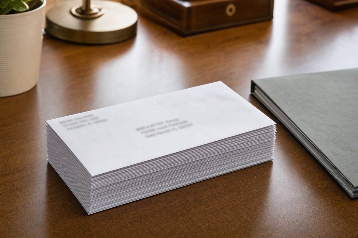 A squared-up stack of roughly twenty sealed, unopened business envelopes on an office desk beside a closed folder.