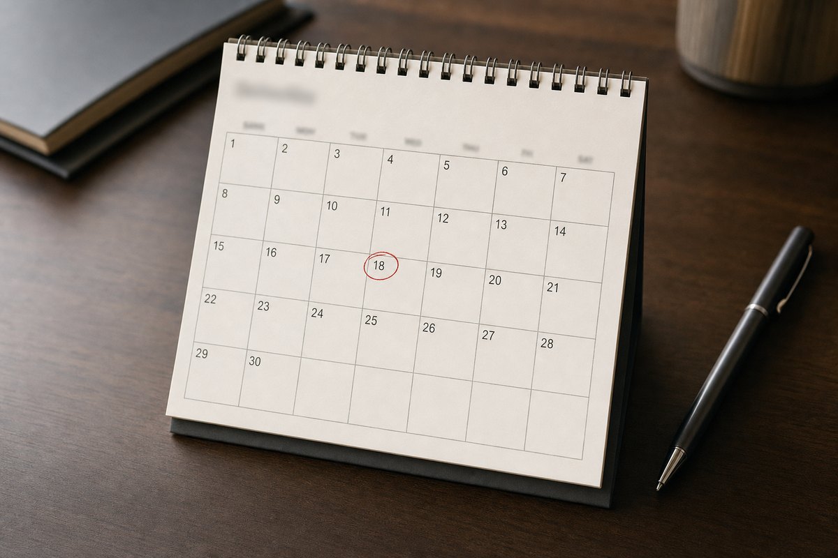 A paper desk calendar open at a single month, one date ringed in red ballpoint and the rest of the month blank, a pen lying beside it.