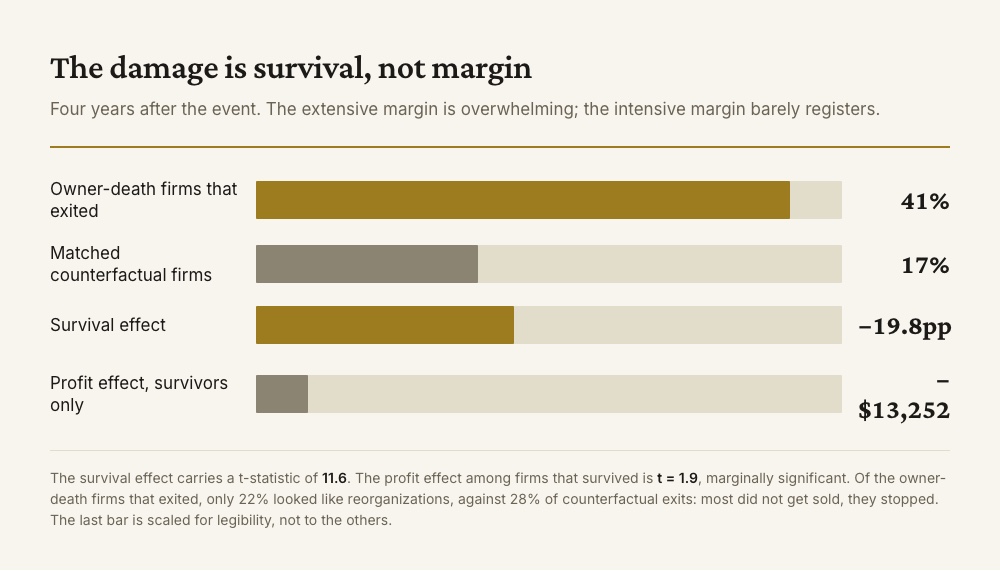 Chart contrasting two effects of owner death. Firm exit within four years rises from 17 percent among matched counterfactual firms to 41 percent among owner-death firms, a 19.8 percentage point survival effect with a t-statistic of 11.6. Among firms that survive, profit falls by 13,252 dollars with a t-statistic of only 1.9.