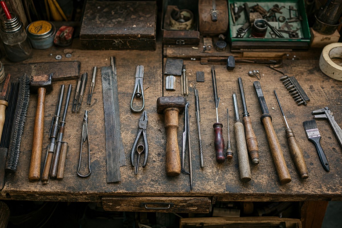 A workshop bench photographed from above, hand tools laid out in a personal order with no labels, no outlines and no shadow board, worn from decades of use.