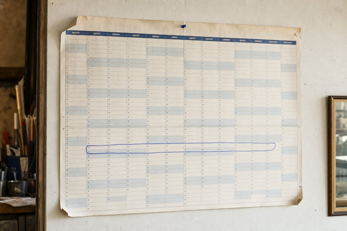 A paper year planner pinned to the wall of a workshop office, its twelve month columns almost entirely unmarked, with a single stretch ringed in blue ballpoint.