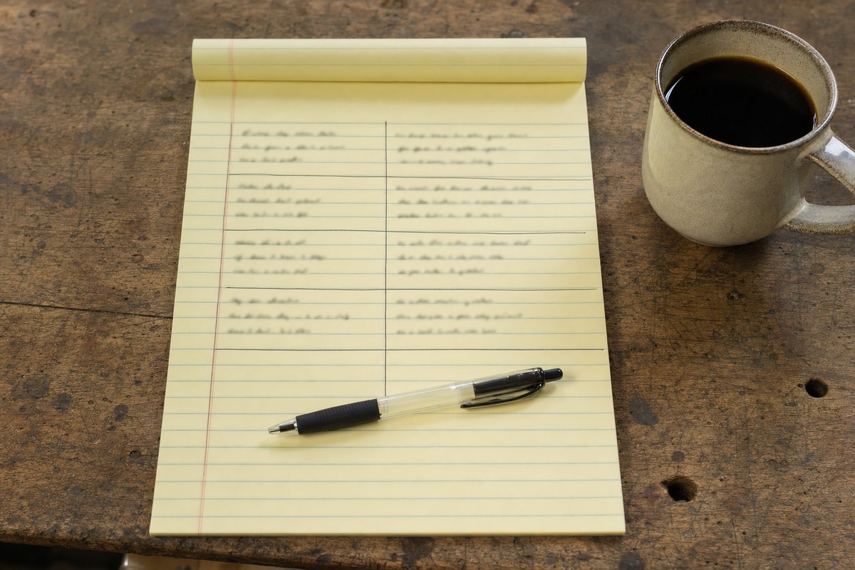 A yellow legal pad on a workbench, hand-ruled into two columns with five rows of handwriting on each side, a pen resting across it beside a mug of coffee.